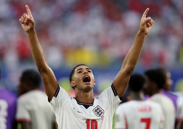 England’s Jude Bellingham celebrates after the match as England qualify for the semifinals of the World Cup