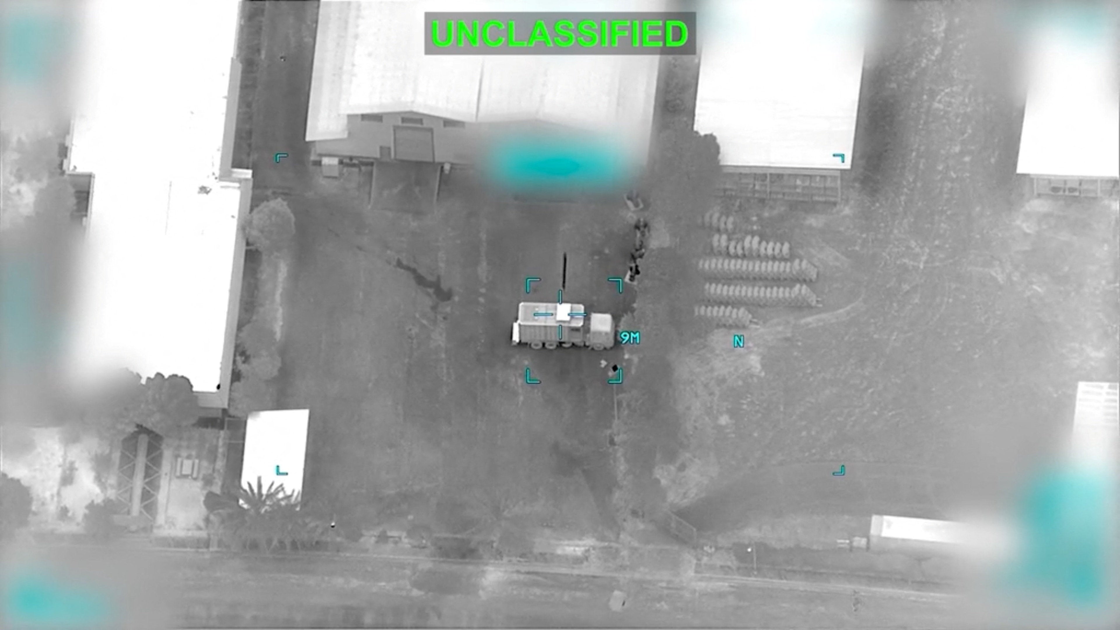 A projectile approaches a truck at an unknown location, following what US Central Command (CENTCOM) said were strikes on Iranian military targets