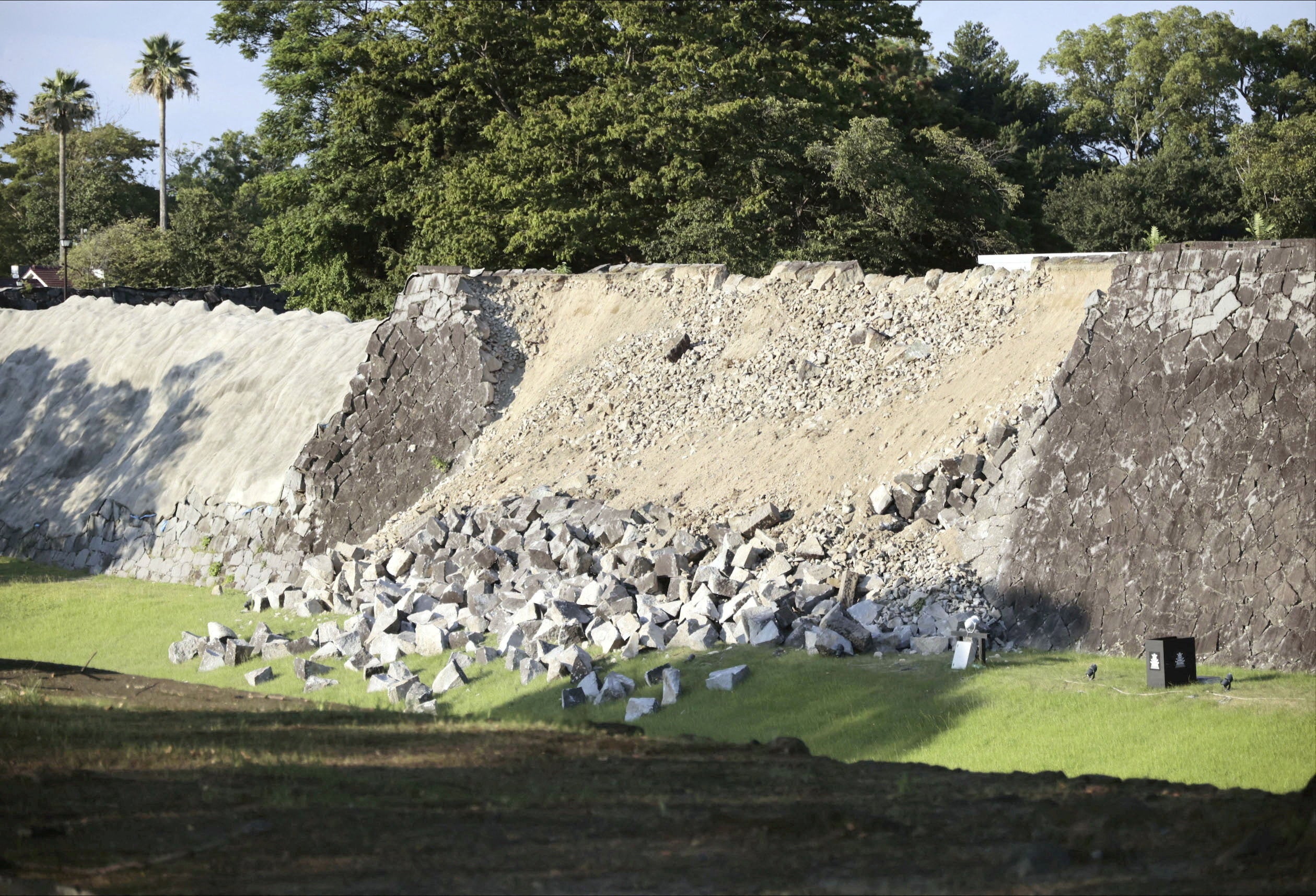 A collapsed part of Kumamoto Castle's stone walls after an earthquake