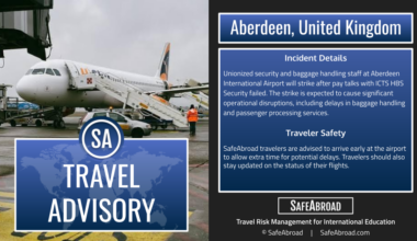 Aberdeen Airport security workers in Aberdeen, United Kingdom, to strike from July 6 to August 1; expect major delays.