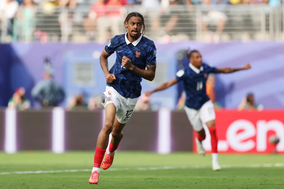 Bradley Barcola celebrates scoring for France