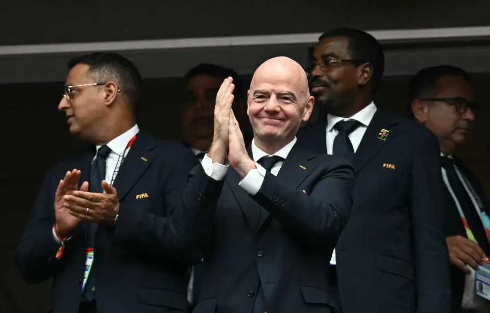 FIFA President Gianni Infantino gestures ahead of the 2026 World Cup round of 16 football match between Canada and Morocco at the Houston Stadium in Houston on July 4, 2026