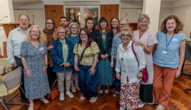 HIAS+JCORE awards Finchley Progressive Synagogue as the U.K.'s first Synagogue of Sanctuary on June 16, 2026 in London, featuring HIAS+JCORE's Rabbi David Mason, former Syrian refugee and community leader Alaa, and FPS' Tamara Joseph. (David Lewis).