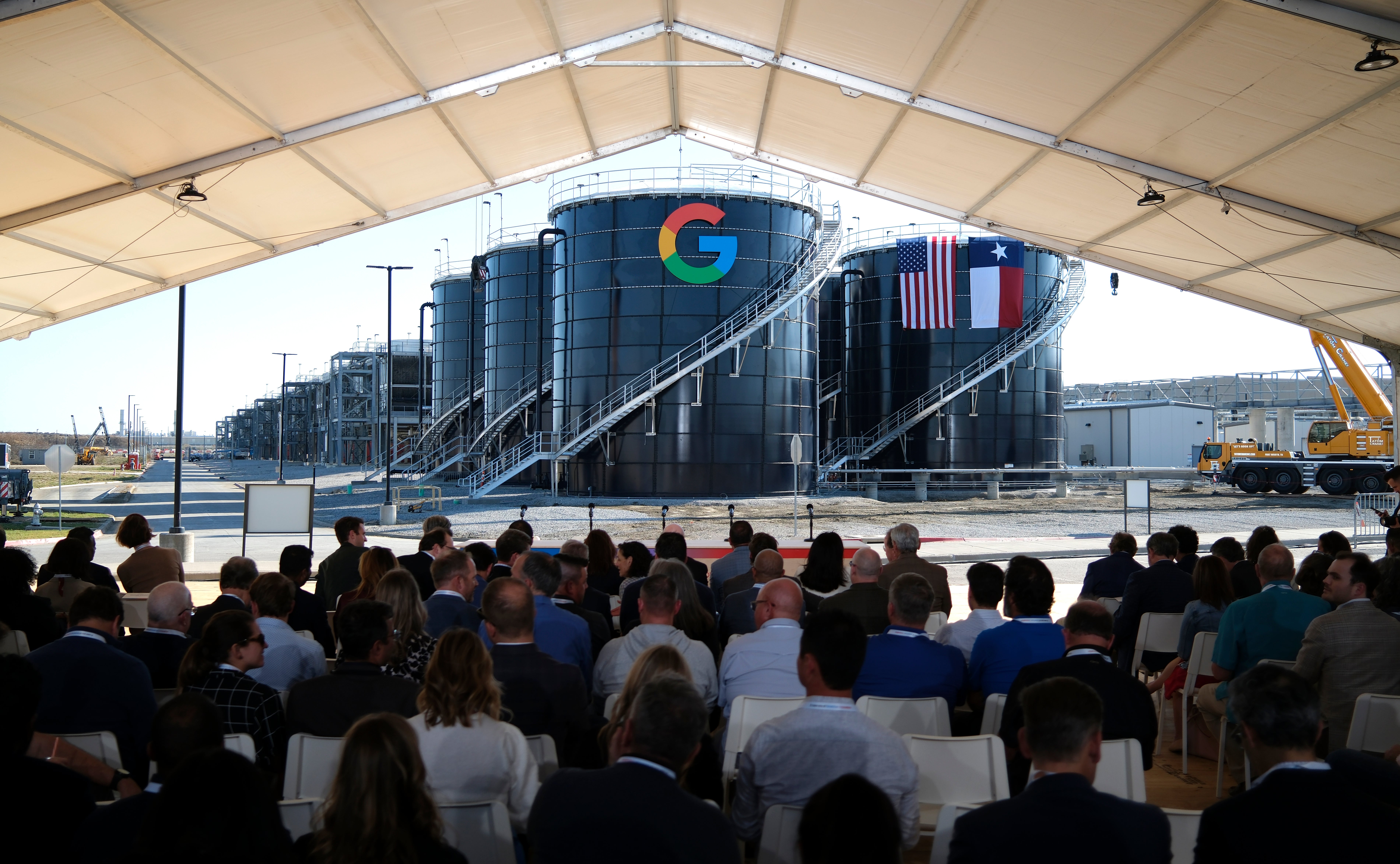 Attendees await the arrival of Texas Gov. Greg Abbott and Alphabet and Google CEO Sundar Pichai at the Google Midlothian Data Center on November 14, 2025 in Midlothian, Texas