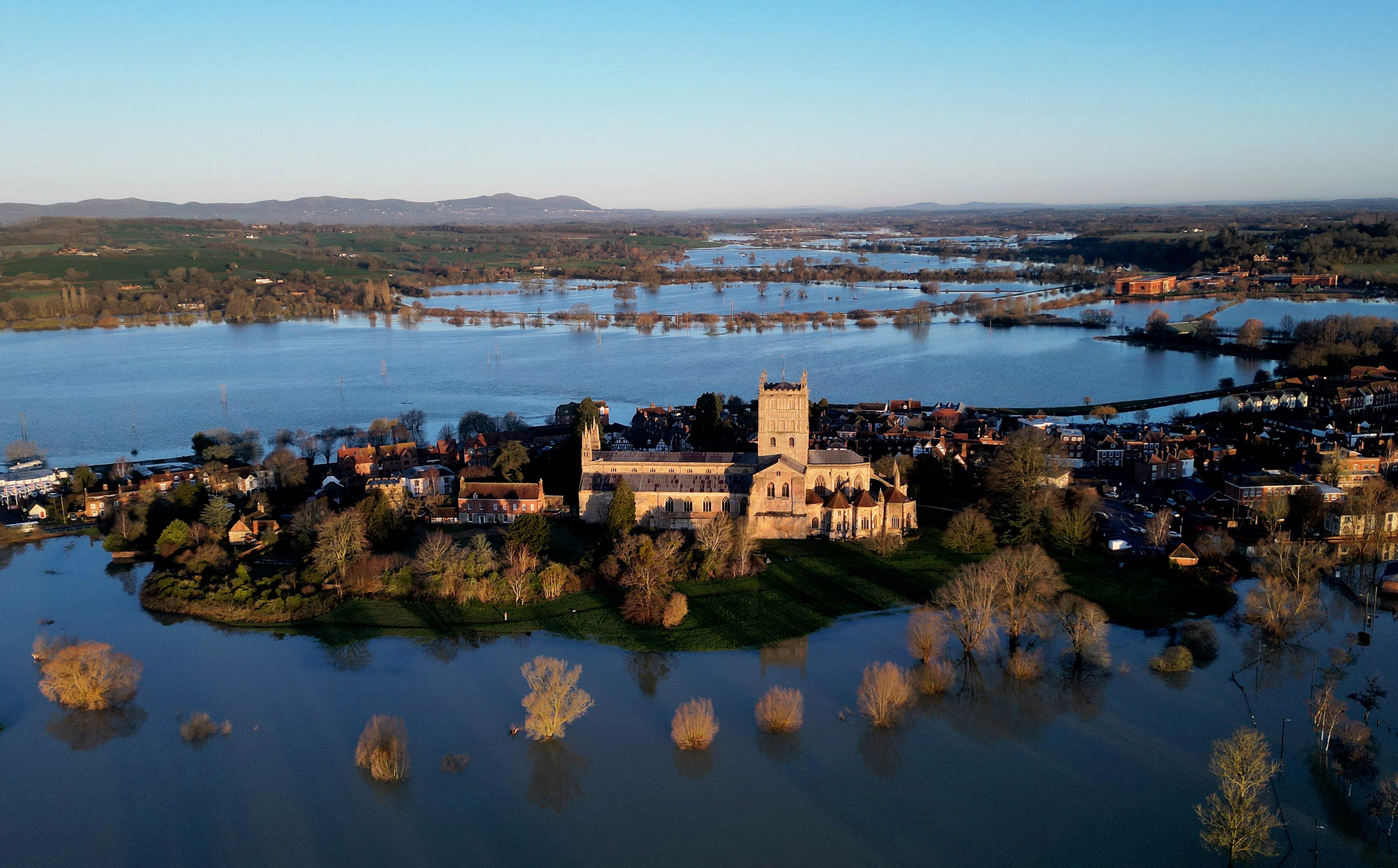 Tewkesbury Abbey surrounded by floodwater on February 14, 2026