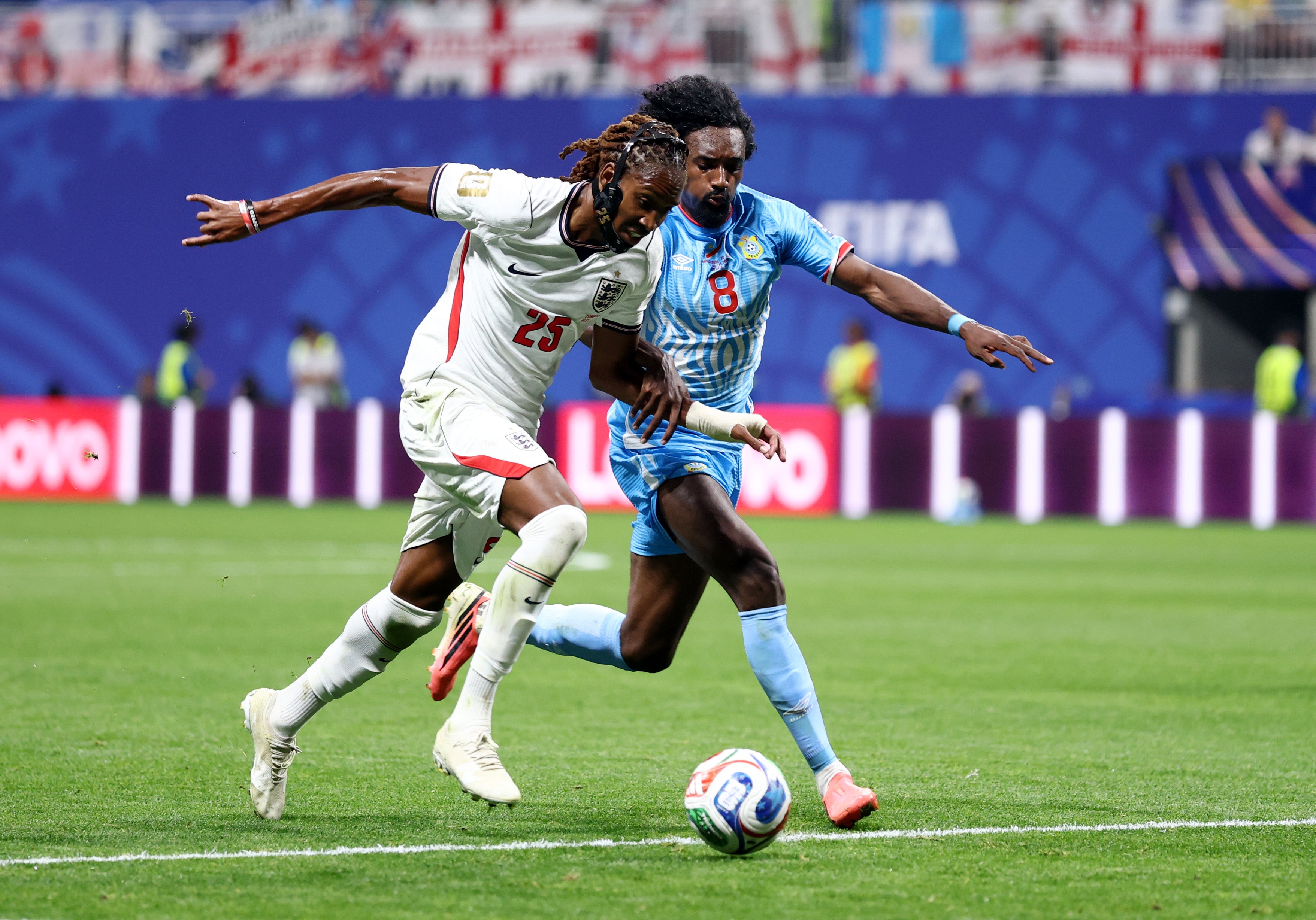 Djed Spence #25 of England controls the ball against Samuel Moutoussamy