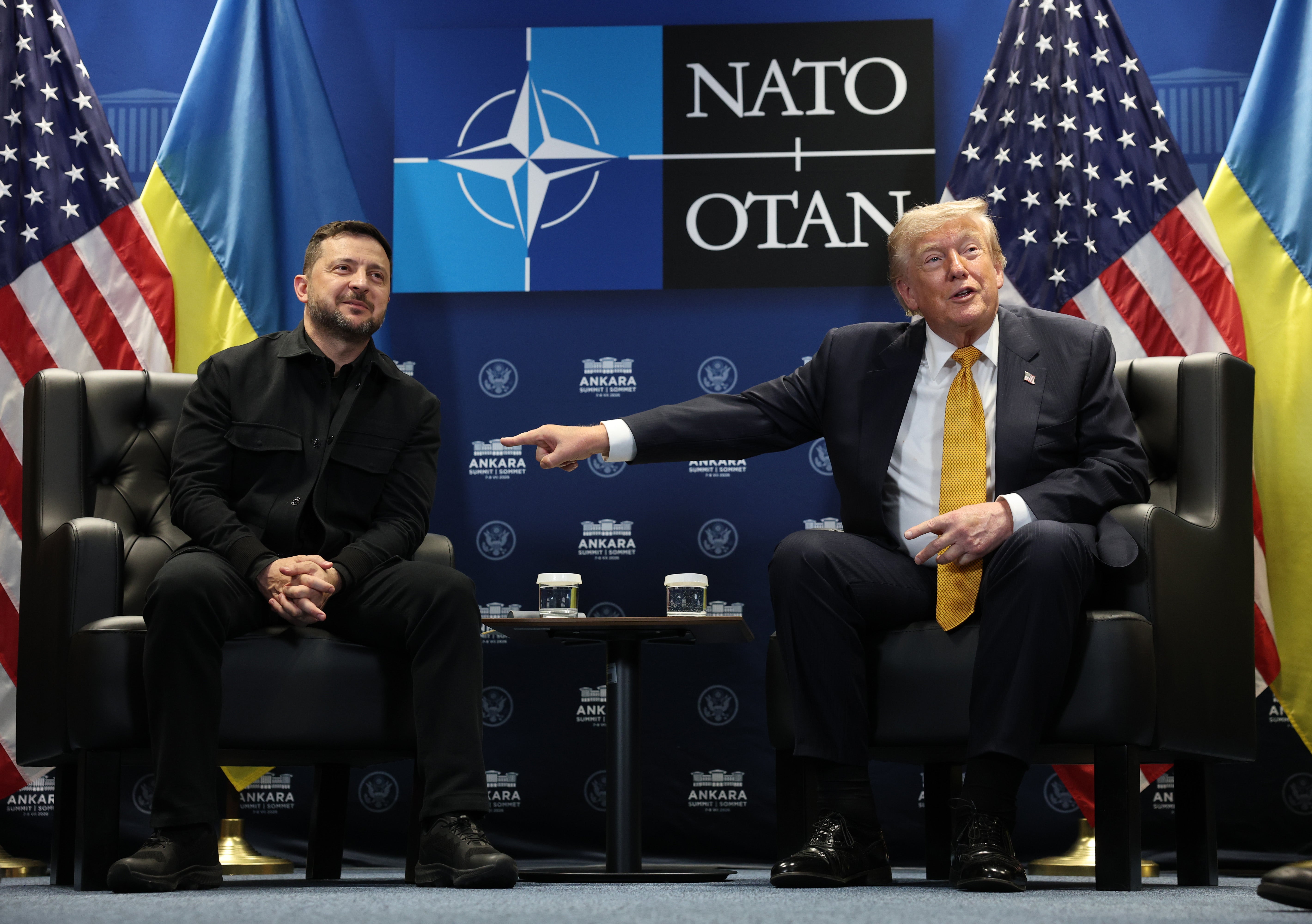 Ukraine's President Volodymyr Zelensky (L) meets with US President Donald Trump on the sidelines of the NATO Summit at Bestepe Presidential Compound in Ankara, on July 8, 2026.