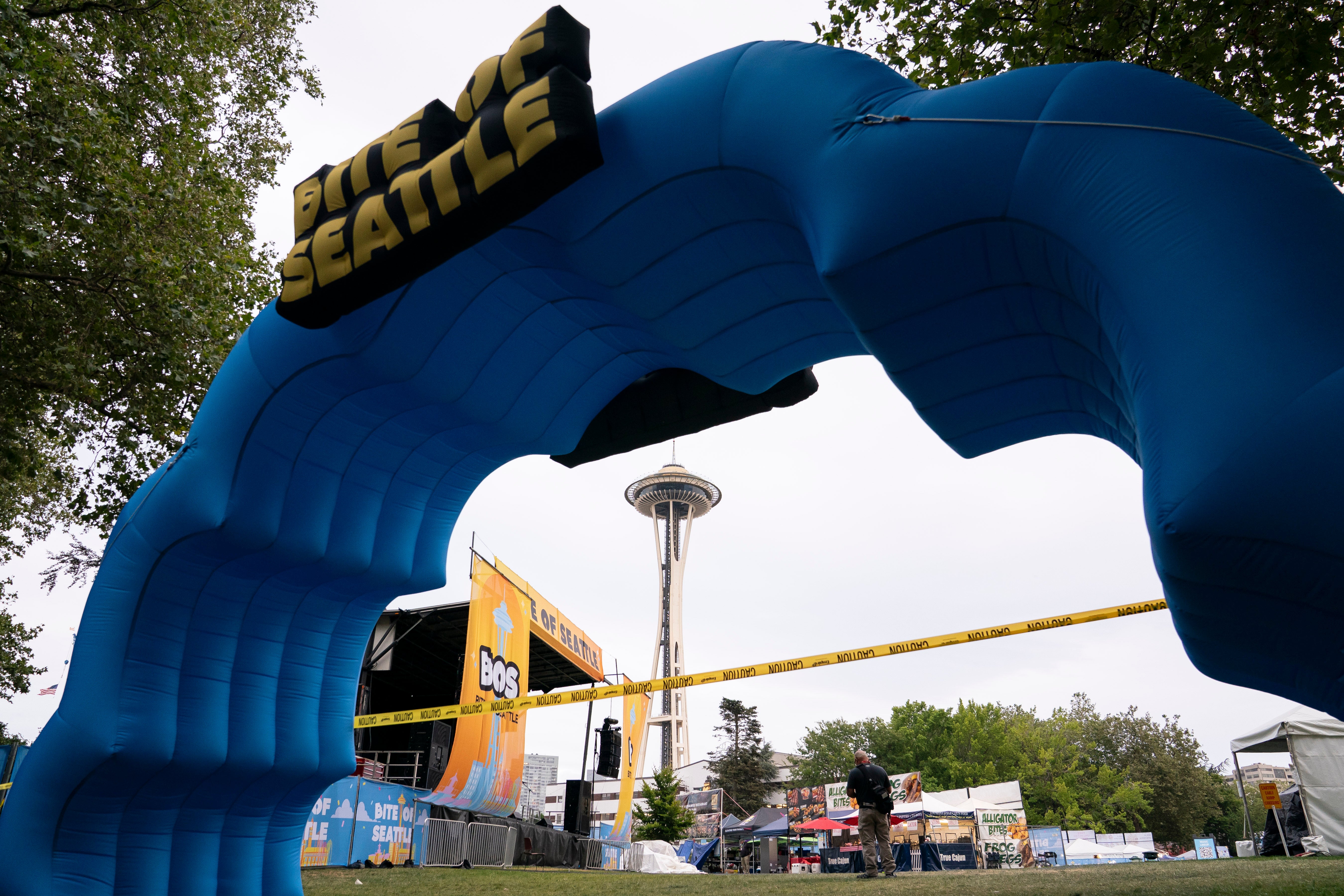 The entrance to the site at the Seattle Center, cordoned off with police tape following Sunday’s outbreak of gun violence
