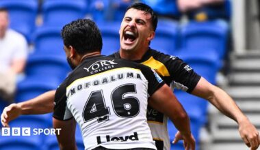 Cody Hunter of York Knights celebrating his try with team-mate David Nofoaluma.