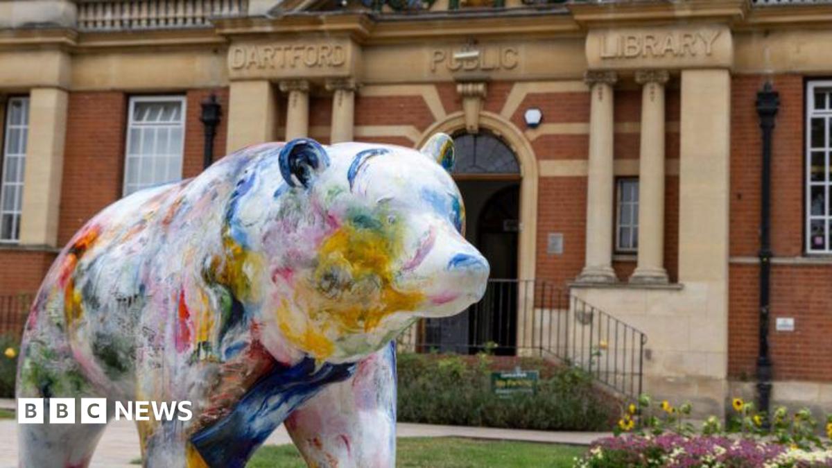 A colourful bear sculpture outside Dartford Public Library.