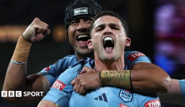 Nathan Cleary shouts with joy after scoring, his gumshield exposed