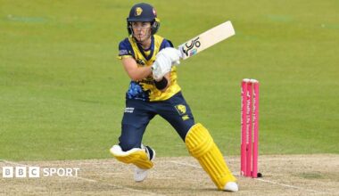 Heather Graham batting for Hampshire in a yellow helmet and shirt and dark blue trousers with yellow cricket pads
