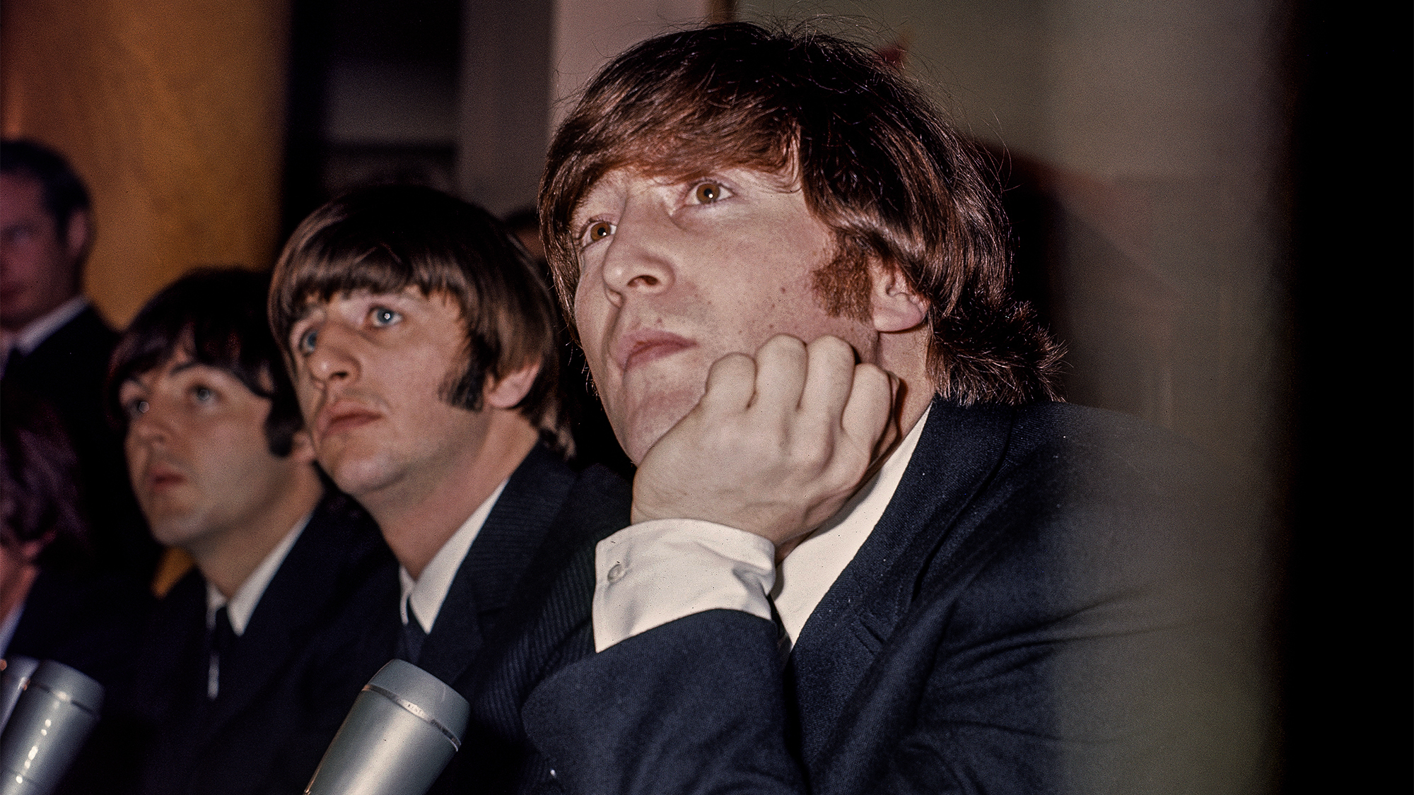 The Beatles at a press reception at the Saville Theatre after their MBE Investiture ceremony at Buckingham Palace, London, 26th October 1965. (from left): Paul McCartney, Ringo Starr and John Lennon