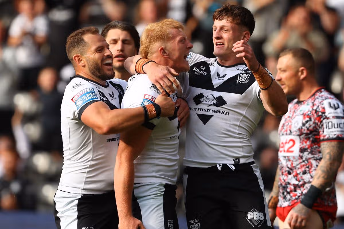 Lennon Clark celebrates his first Hull FC senior try.