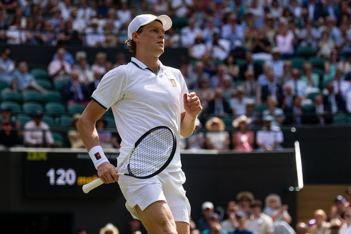 LONDON, ENGLAND - JULY 03: Jannik Sinner of Italy in action during the Gentlemen's Singles third round match against Jenson Brooksby of United States on day five of The Championships Wimbledon 2026 at All England Lawn Tennis and Croquet Club on July 03, 2026 in London, England. (Photo by Frey/TPN/Getty Images)