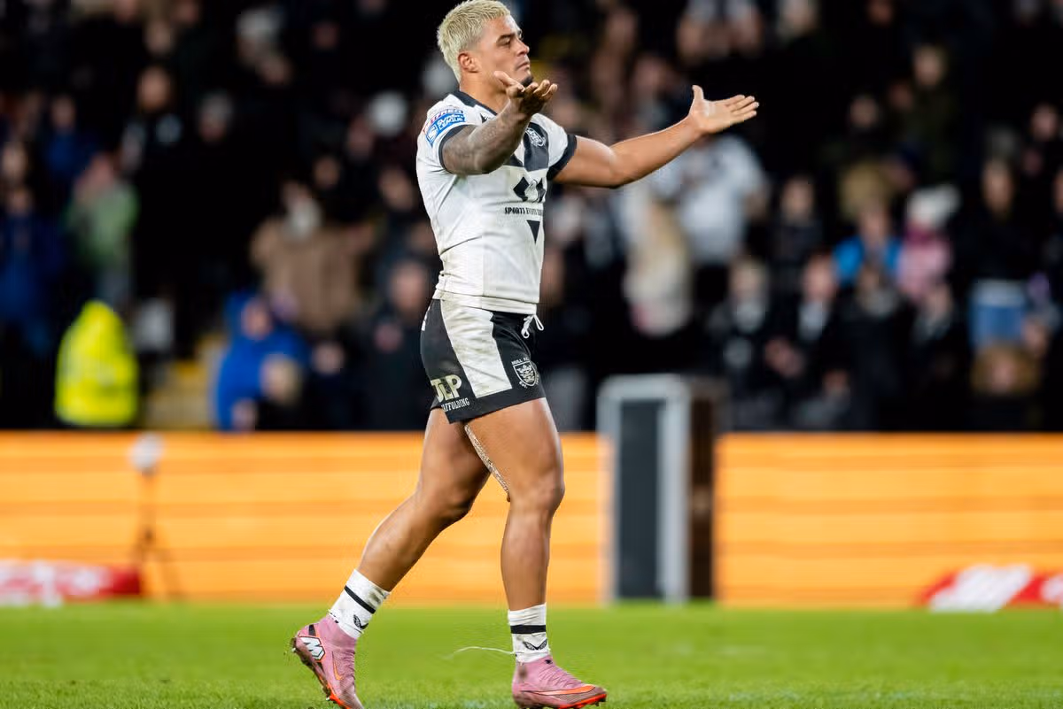 Hull FC's Will Pryce after kicking a drop goal to give his side the lead over Bradford.