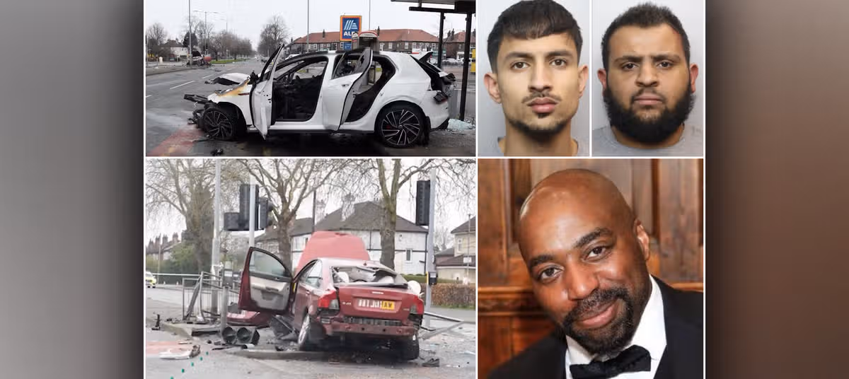 Uways Hussain (top left) and Usmon Mahmood (top right) were jailed after causing the death of Sylvester Abayomi (bottom) by dangerous driving