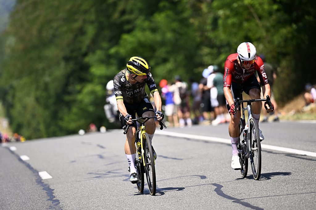 Dutch Huub Artz of Lotto Intermarche and Belgian Victor Campenaerts of Team Visma-Lease a Bike pictured in action during stage 6 of the 2026 Tour de France cycling race, a stage of 186 km from Pau to Gavarnie-Gedre, on Thursday 09 July 2026. The 113th edition of the Tour de France starts on Saturday 4 July in Barcelona, Spain, and will finish in Paris, France on the 26th of July. BELGA PHOTO POOL TOMAS SISK (Photo by POOL TOMAS SISK / BELGA MAG / Belga / AFP via Getty Images)