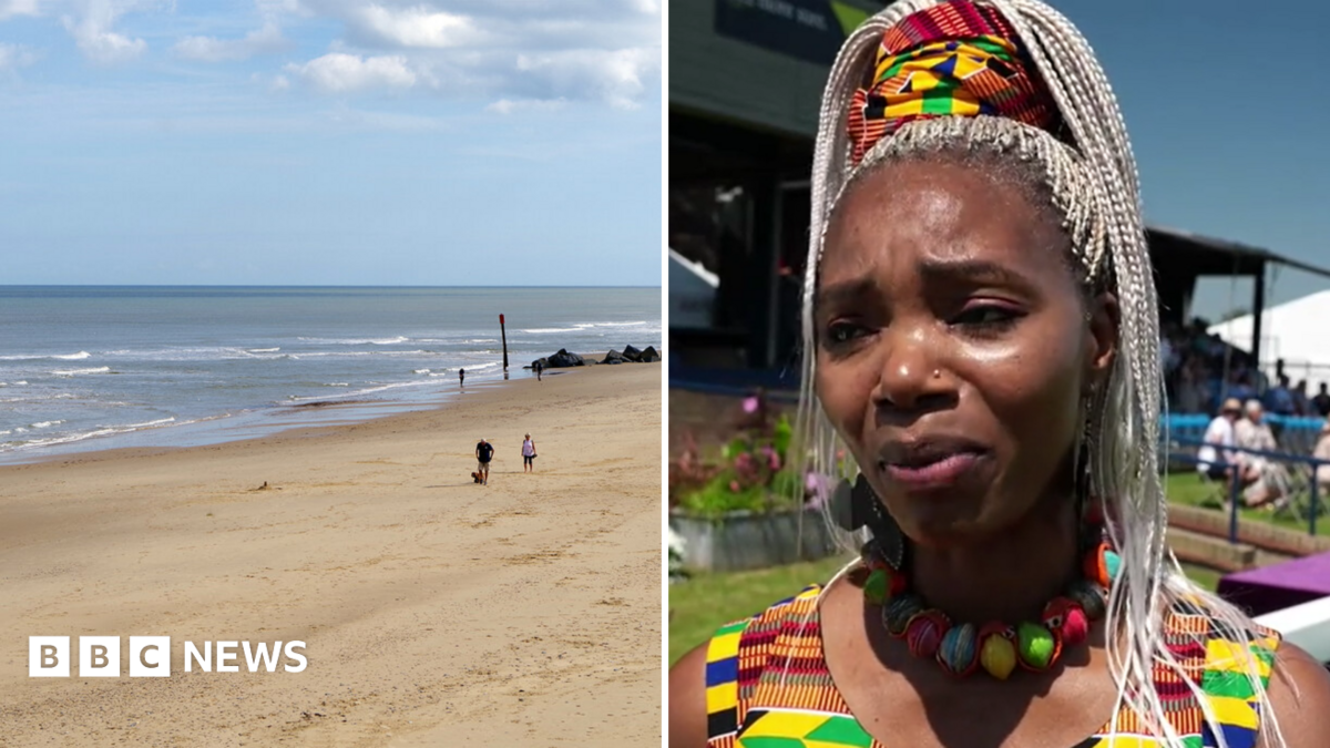 Anna Mudeka is pictured on the right wearing a beaded necklace and a colourful vest while at an event. On the left, Waxham beach can be seen, with a couple walking along the stretch of sand as waves roll onto it on a sunny day.