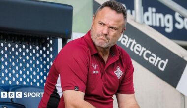 Huddersfield Giants coach Jim Lenihan looks on from the sidelines against Leeds Rhinos in May.