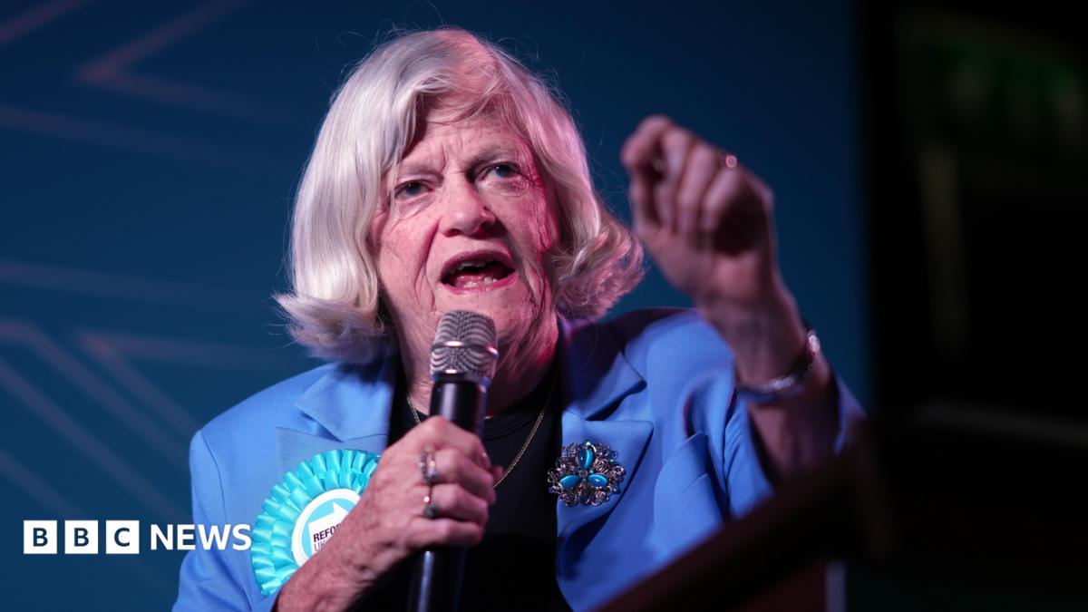 Ann Widdecombe, Reform UK's Immigration and Justice spokesperson addresses delegates during the The Reform Uk Party's summer rally at Staffordshire Showground.