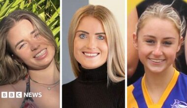 A composite image of three photos of the three blonde women, all smiling of the camera