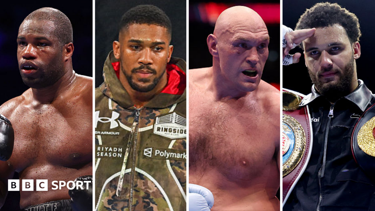 Daniel Dubois (left) holds up his black boxing gloves, Anthony Joshua (left centre) wearing a camouflage vest, Tyson Fury (right centre) wearing a white boxing glove and Moses Itauma (right) wearing a black vest holds his hand to his forehead