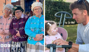 Composite image, featuring on the left three women dressed up to look like grannies. All are wearing cardigans and skirts and pulling mock grumpy faces. On the right a man in a grey t-shirt is kneeling down and looking at his young daughter, who is smiling at him