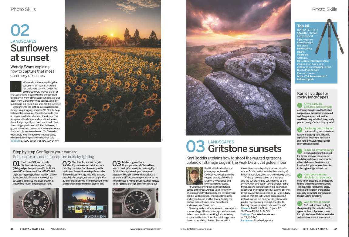 Image showing two projects in the Photo Skills section in issue 310 (August 2026) of Digital Camera magazine, explaining how to photograph sunflowers at sunset