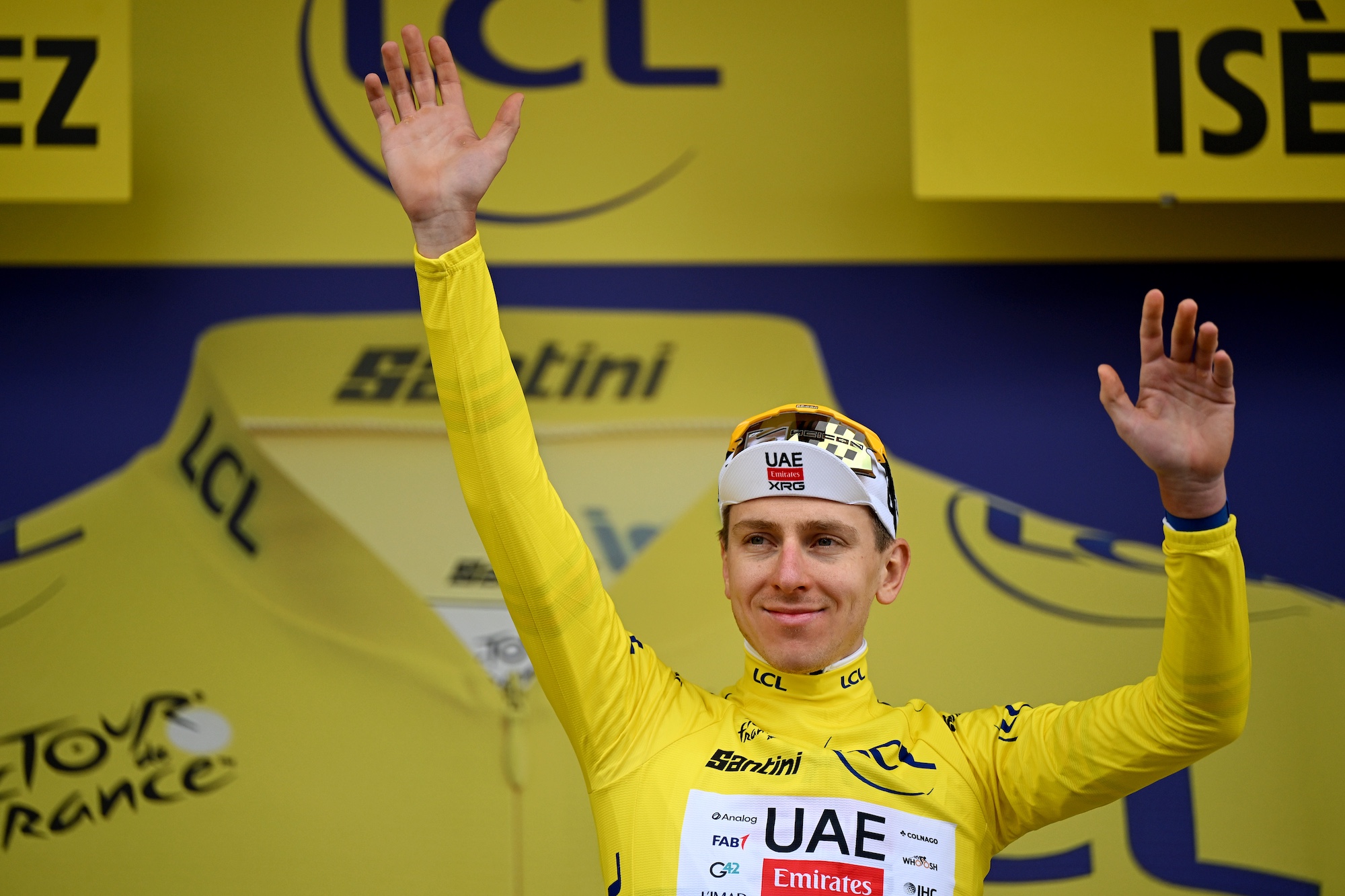 ALPE D'HUEZ, FRANCE - JULY 25: Tadej Pogacar of Slovenia and UAE Team Emirates - XRG celebrates at podium as Yellow Leader Jersey winner after the 113th Tour de France 2026, Stage 20 a 170.9km stage from Le Bourg d'Oisans to Alpe d'Huez 1842m / #UCIWT / on July 25, 2026 in Alpe d'Huez, France. (Photo by Luc Claessen/Getty Images)