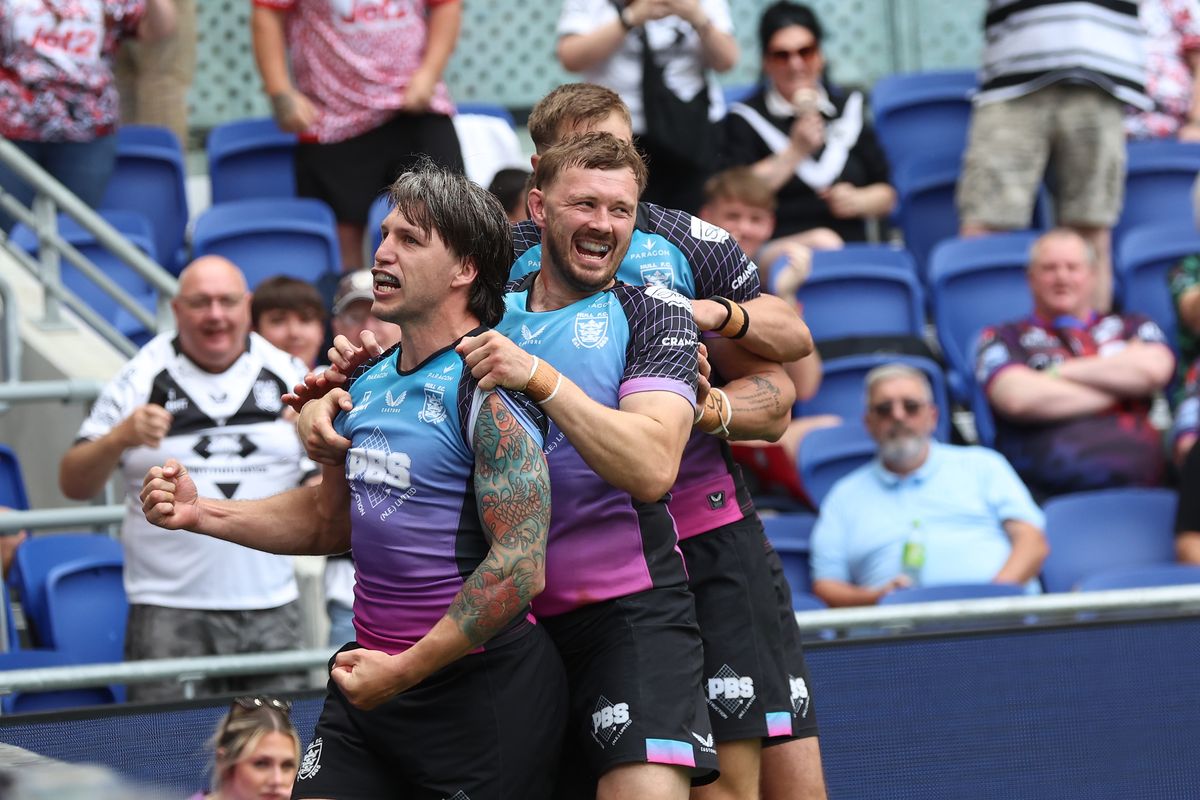 Hull FC celebrate Tom Briscoe's try at Magic Weekend. 