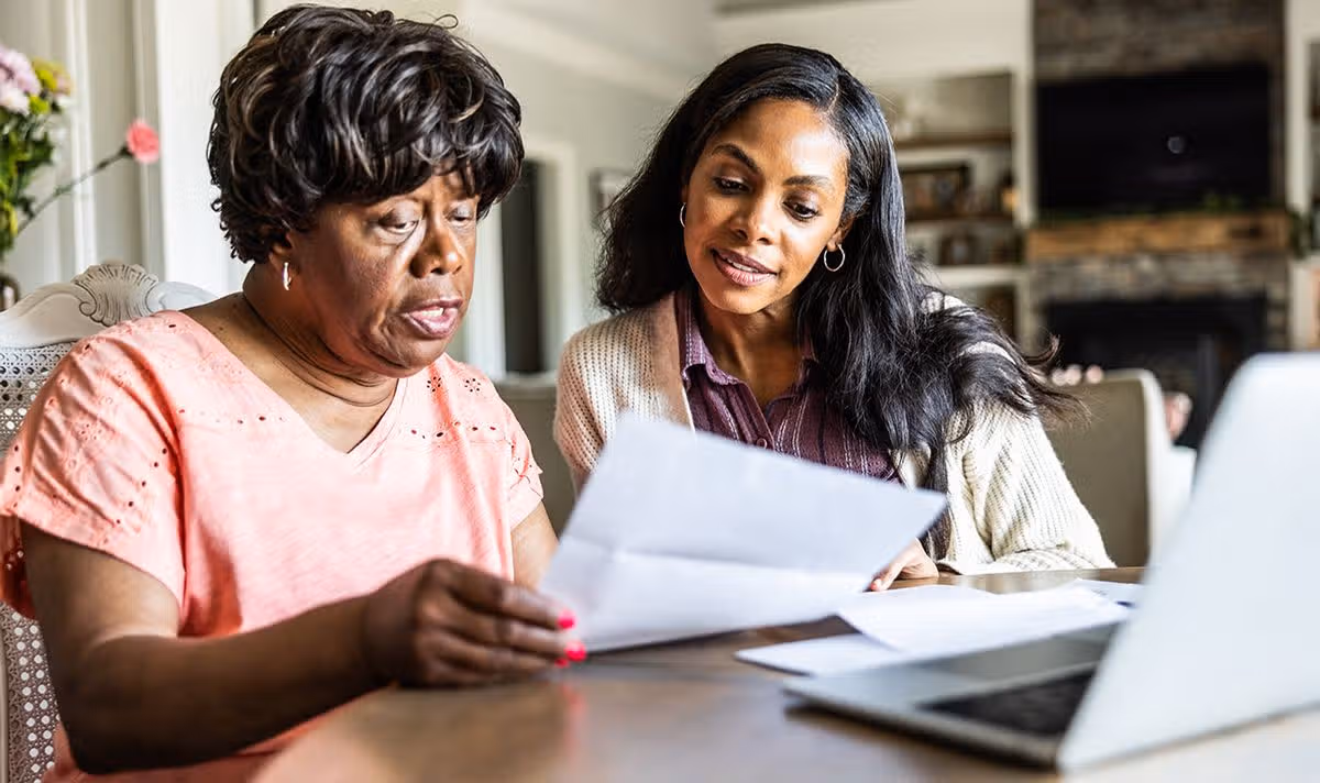 A woman checks her finances