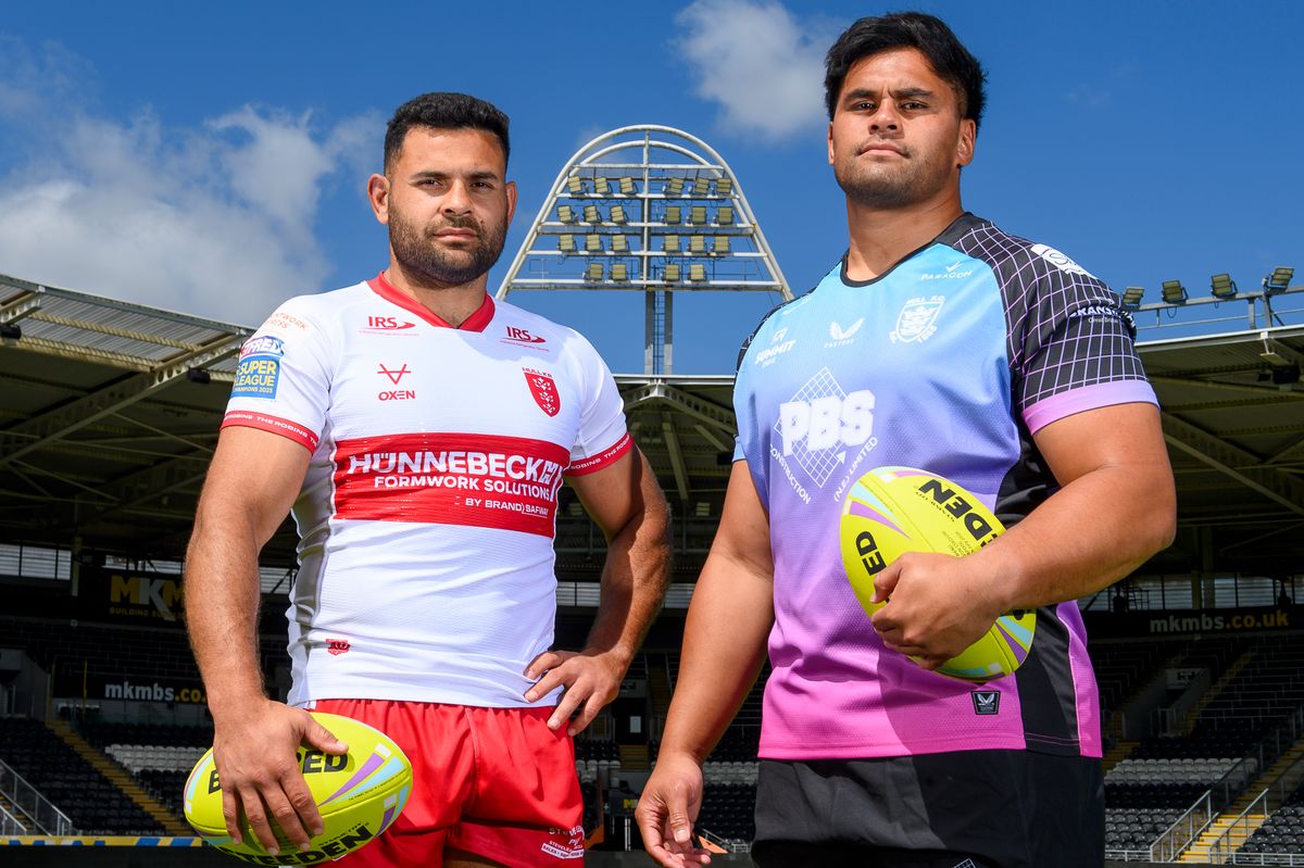 Hull KR's Rhyse Martin and Hull FC's Herman Ese'ese ahead of their Magic Weekend fixture.