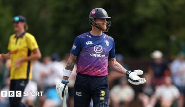 Ben Stokes holds his arms out in frustration after being dismissed.