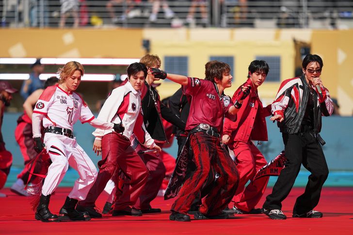 BTS performs during the halftime show in the World Cup final soccer match between Spain and Argentina in East Rutherford, N.J., near New York, Sunday, July 19. AP-Yonhap
