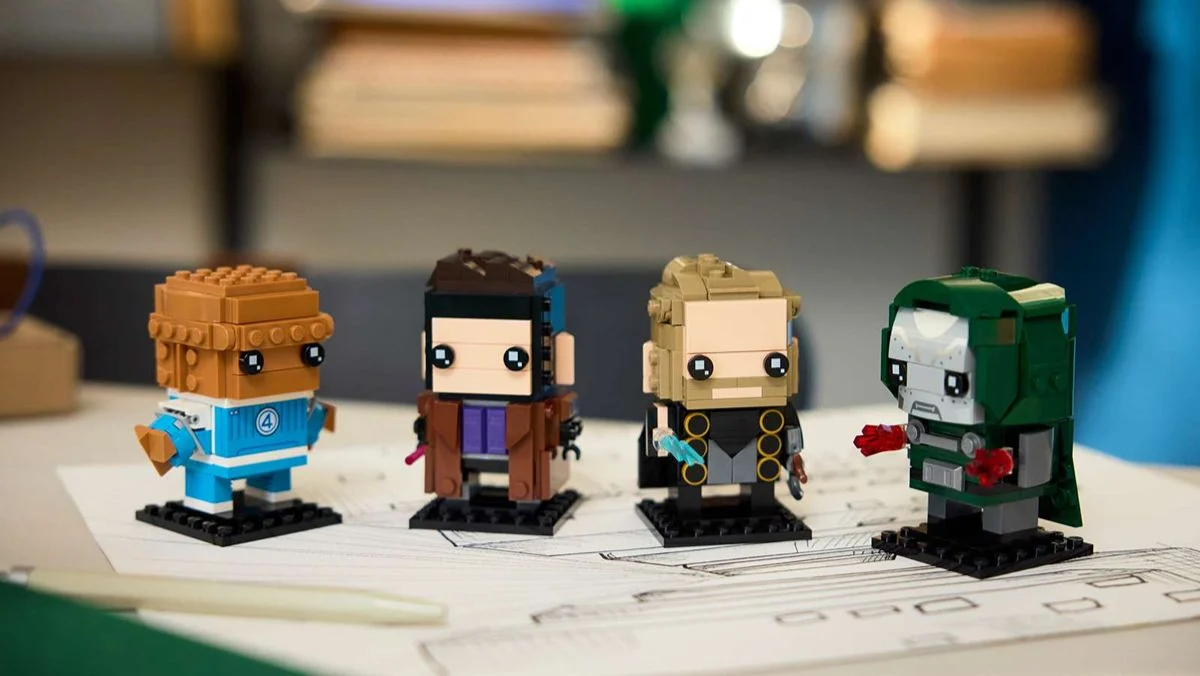 Four Brickheadz figures LEGO made for Doomsday featuring Doom, Gambit, Thor and The Thing.