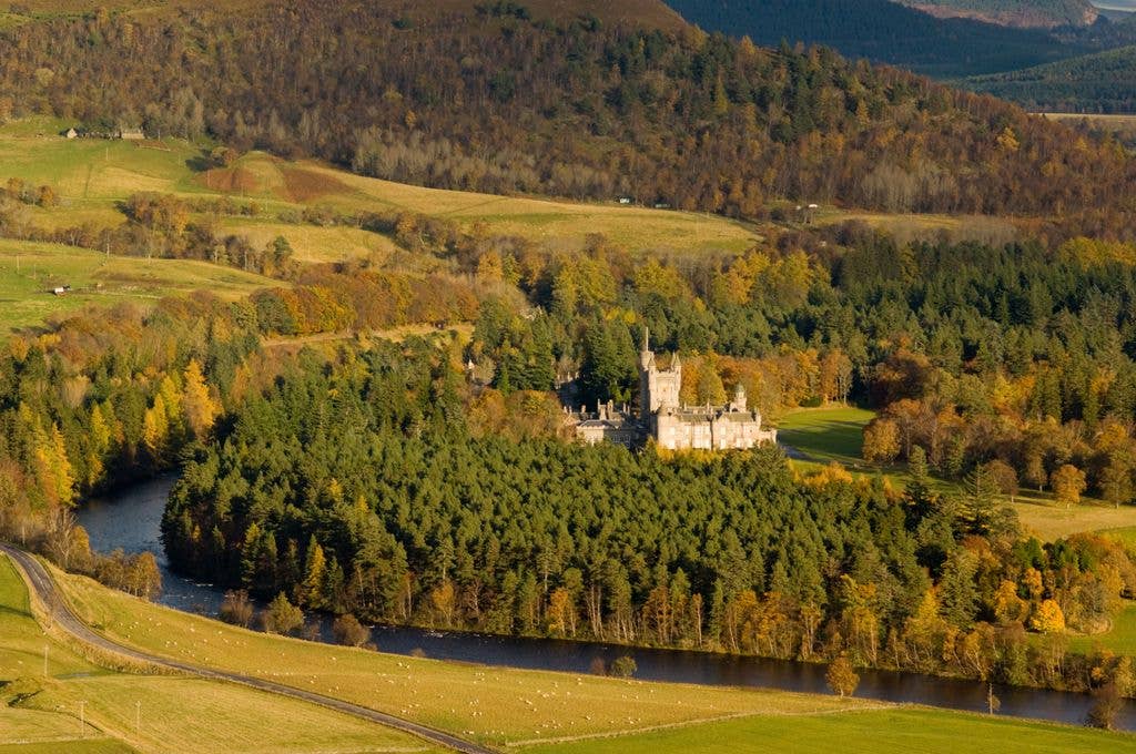 Balmoral Castle, in the valley of the River Dee, shot in autumn