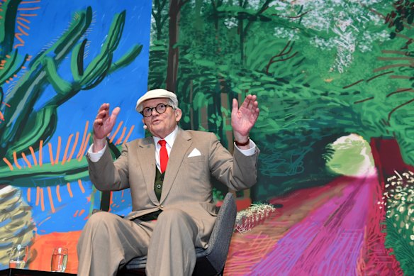 The artist at the opening of his 2016 exhibition David Hockney: Current, at the National Gallery of Victoria.