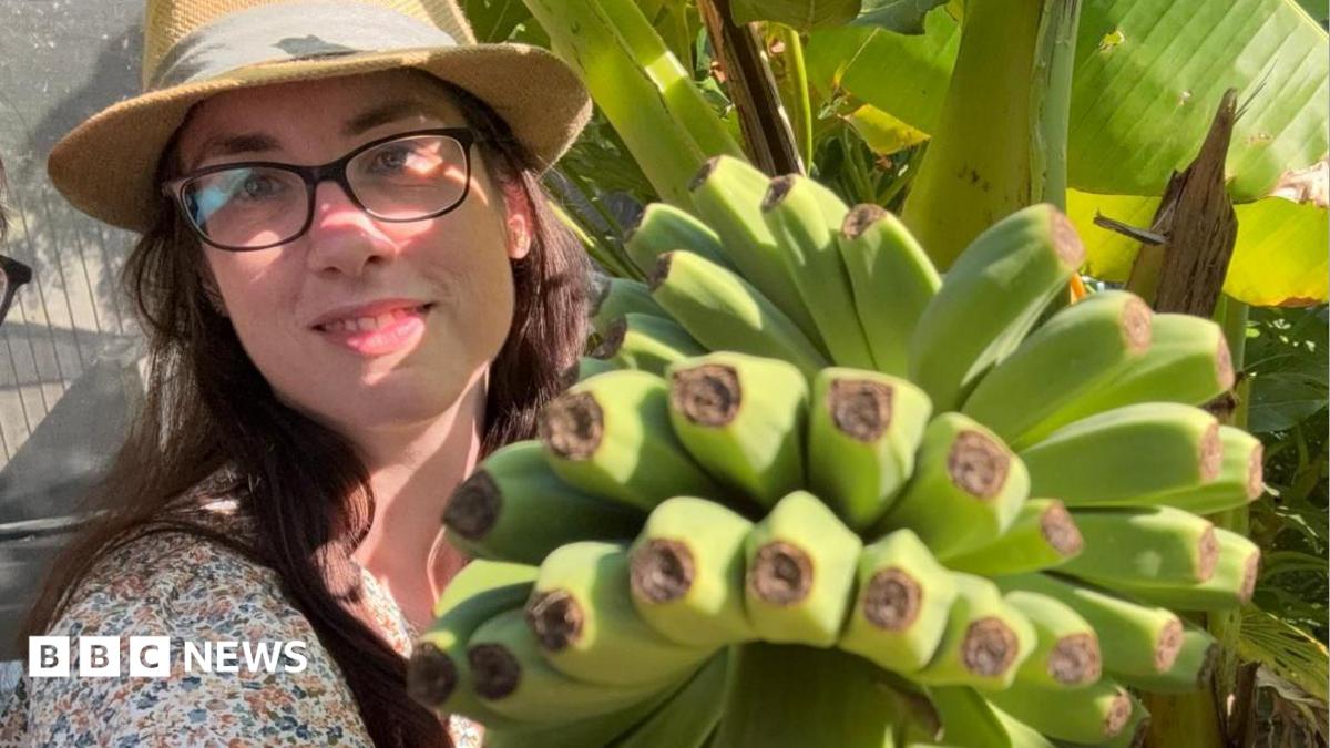 A woman with glasses and a hat posing next to a bunch of bananas