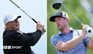 A split picture of US President Donald Trump and England striker Harry Kane playing golf