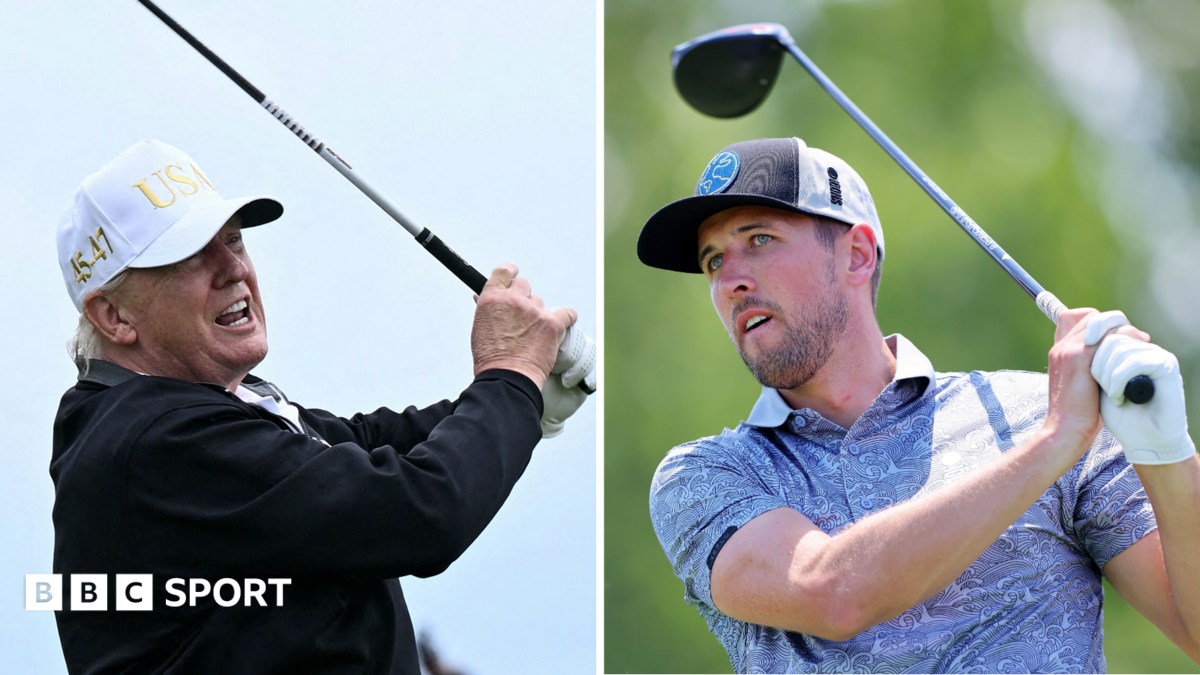 A split picture of US President Donald Trump and England striker Harry Kane playing golf