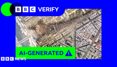 A fake AI-generated satellite image showing the Eiffel Tower in Paris has collapsed using Google's new AI satellite imagery tool. This image has a blue BBC Verify border and the BBC Verify logo appears at the top left. A large green banner across the image reads “AI-GENERATED” alongside a warning icon, indicating the picture is artificially created.
