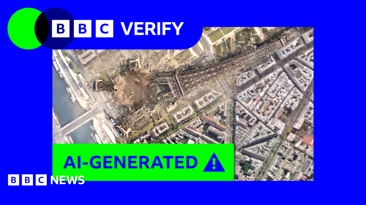 A fake AI-generated satellite image showing the Eiffel Tower in Paris has collapsed using Google's new AI satellite imagery tool. This image has a blue BBC Verify border and the BBC Verify logo appears at the top left. A large green banner across the image reads “AI-GENERATED” alongside a warning icon, indicating the picture is artificially created.
