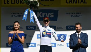Juan Ayuso celebrates on the podium with the best young rider's white jersey after the 10th stage of the 113th edition of the Tour de France