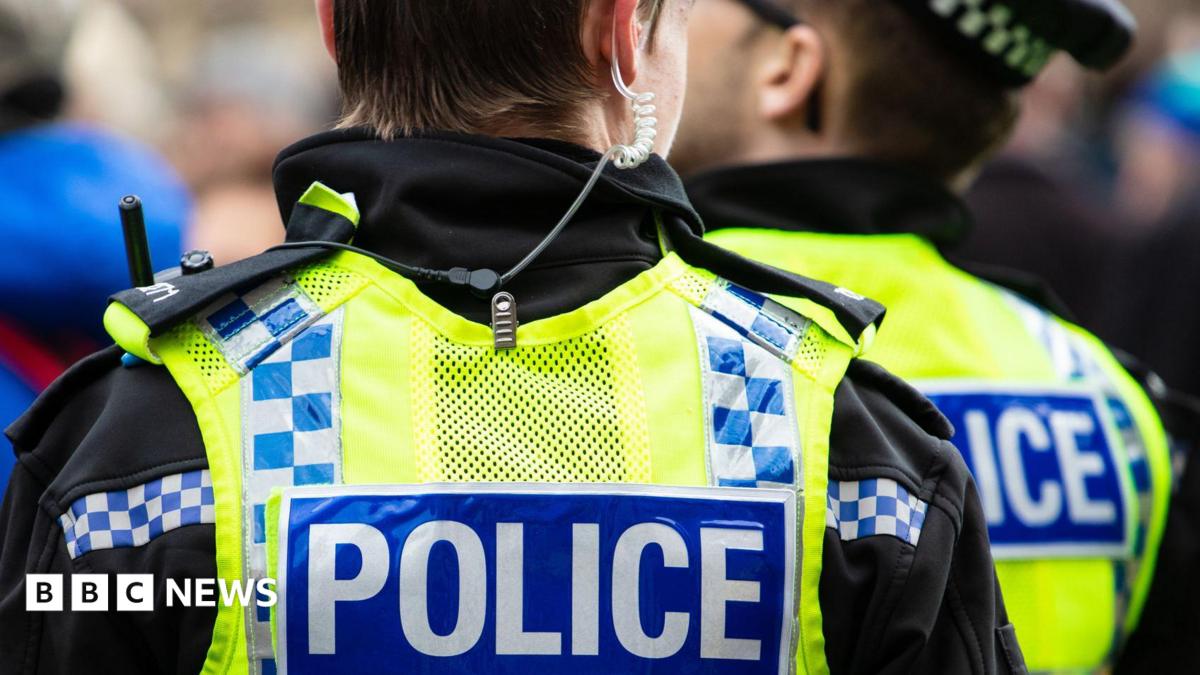 Two police officers wearing yellow hi-vis vests with "police" written on the back. One officer has an earpiece. They both have their backs to the camera.