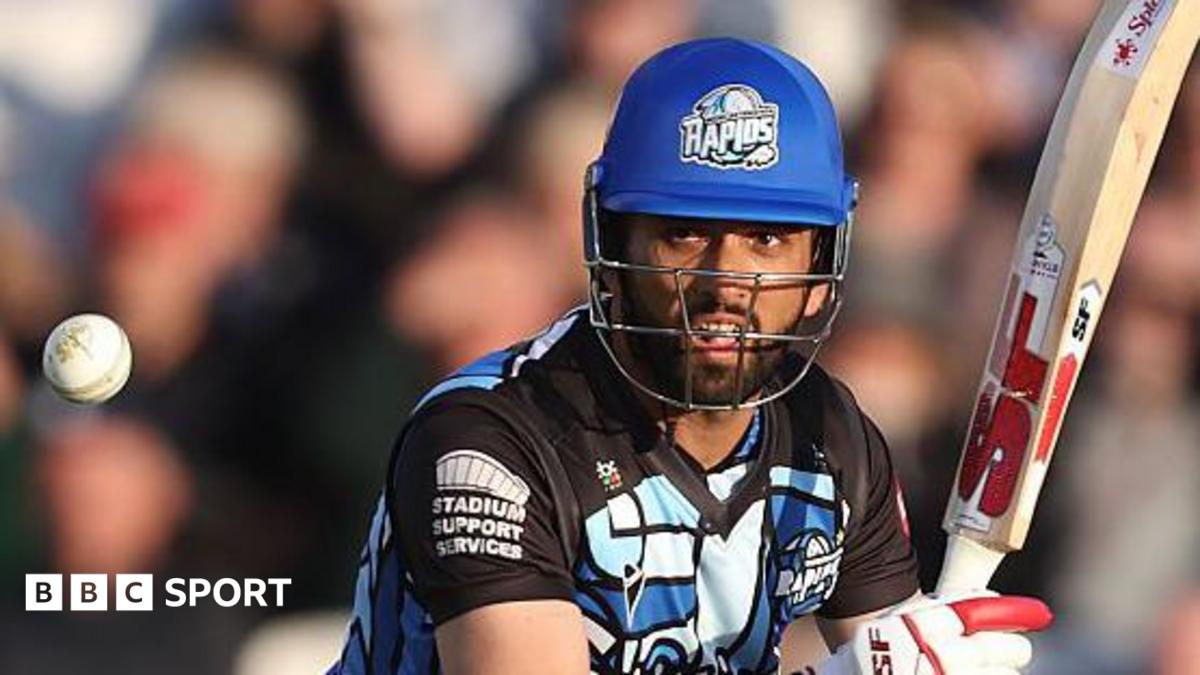 Sikandar Raza watches the ball fly away after playing a shot while batting for Worcestershire in a T20 game