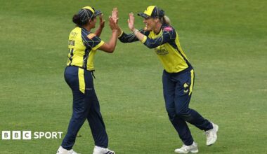 Hampshire Hawks Georgia Adams celebrates with a team-mate