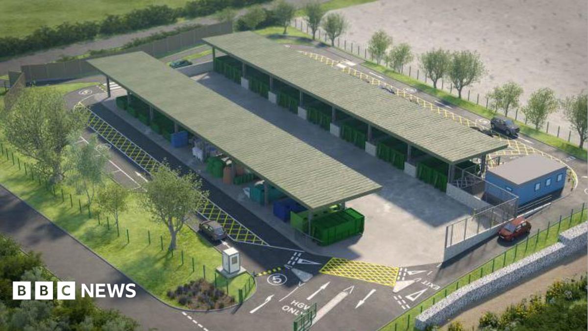 An artist's impression of a recycling centre which has two rows of different colour containers for waste. Both rows are covered with a green canopy and there are spaces to park cars. Trees are planted around the site.
