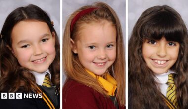 A three-way composite shows Bebe King, Elsie Dot Stancombe and Alice da Silva Aguiar posing as schoolchildren.