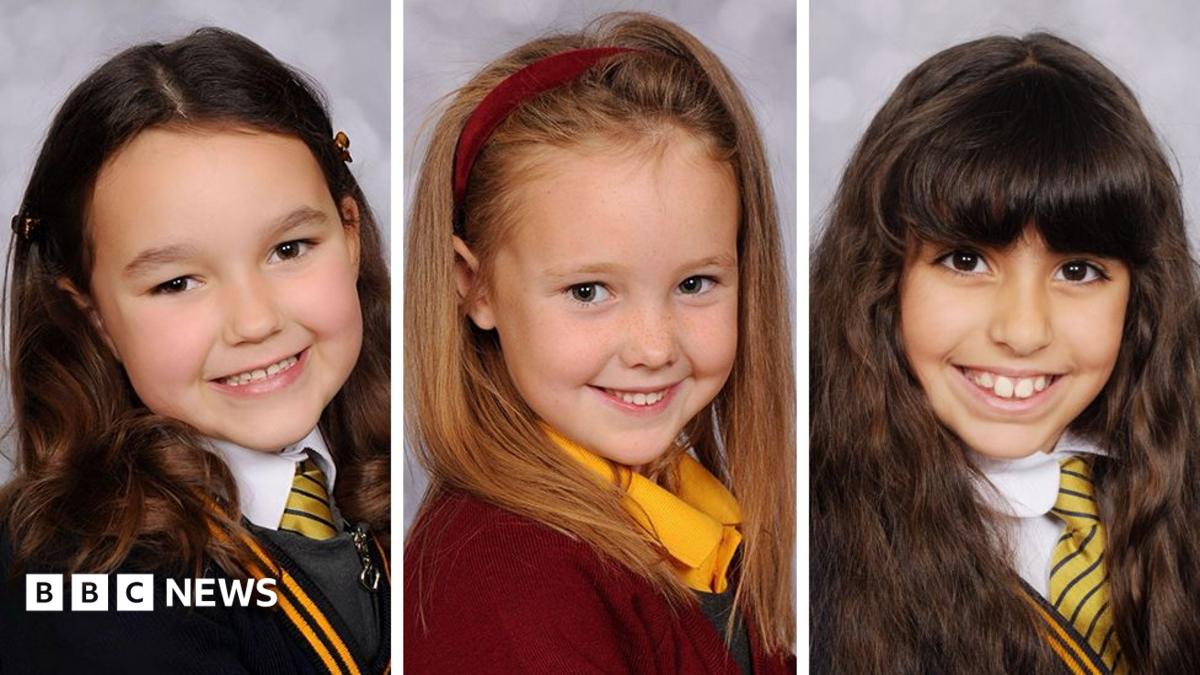 A three-way composite shows Bebe King, Elsie Dot Stancombe and Alice da Silva Aguiar posing as schoolchildren.